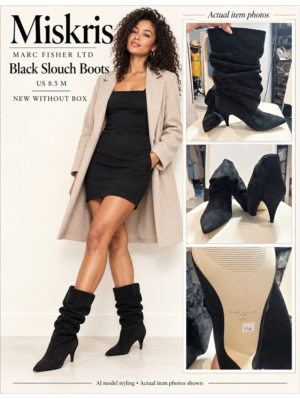 Marc Fisher LTD Black Slouch Boots Womens 8.5 M Pointed Toe Heels NWOB